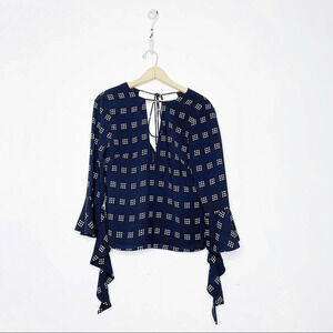 C/MEO Collective Spelt Out Top Long Sleeve Blouse Plunge black ruffle womens XS